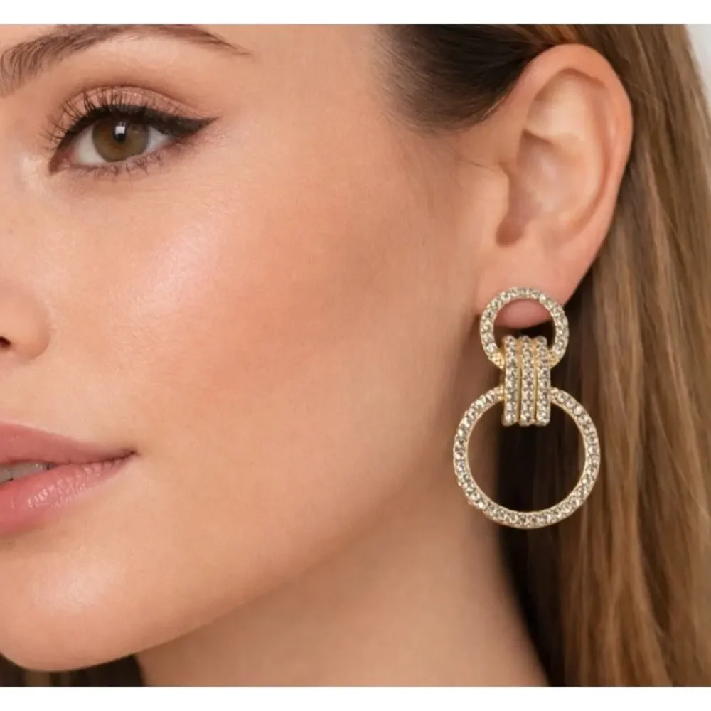 Gold Rhinestone Circle Earrings New